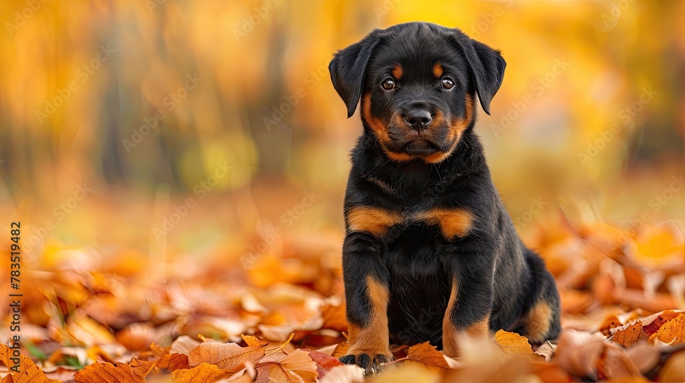 Rottweiler puppy sitting obediently for a portrait with a backdrop of autumn leaves