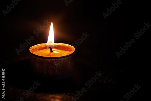 Single candle flame flickering in the vast darkness