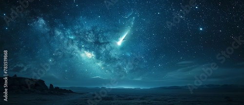 Meteor rain in starry sky, glowing comet at center, highspeed motion effect, wide shot