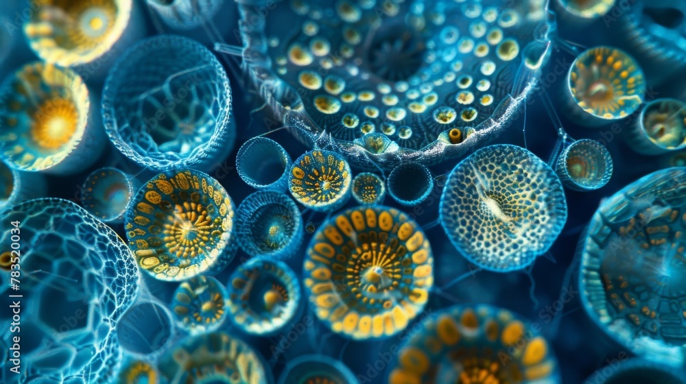 An intricate pattern of bright blue and yellow plankton arranged in a mesmerizing geometric design. - obrazy, fototapety, plakaty 