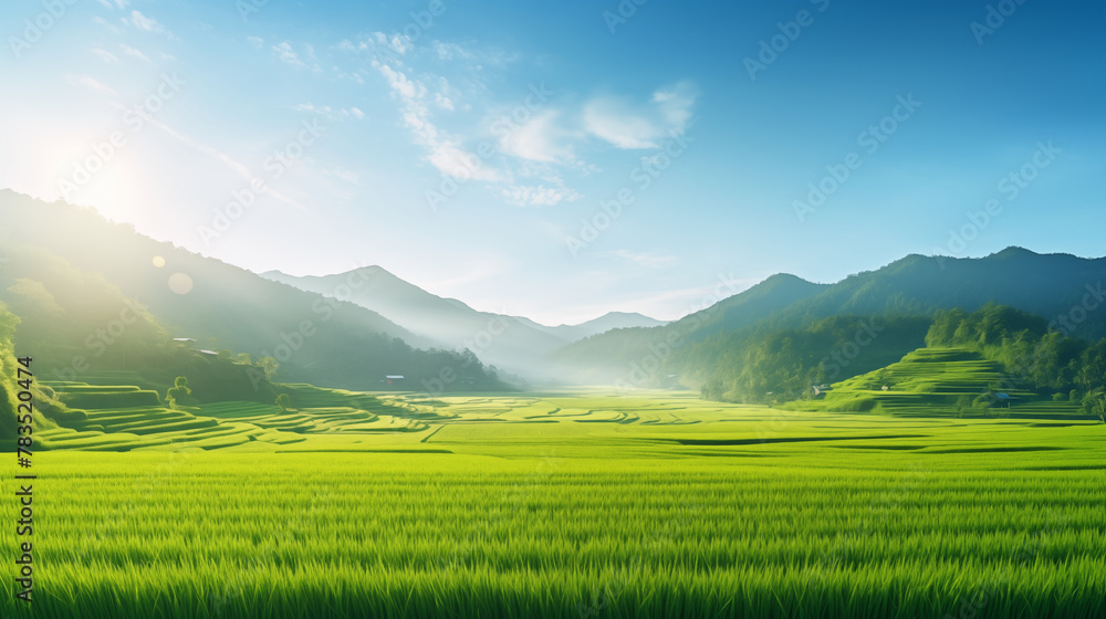 A panoramic view of a lush rice paddy field reflecting the morning sunlight, copy space, photo shot
