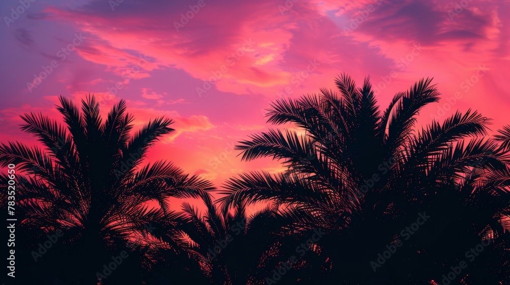 A tranquil evening under the empire's sky with palm silhouettes against a black and cherry tomato abstract pattern, showcasing the beauty of minimalism and negative space.