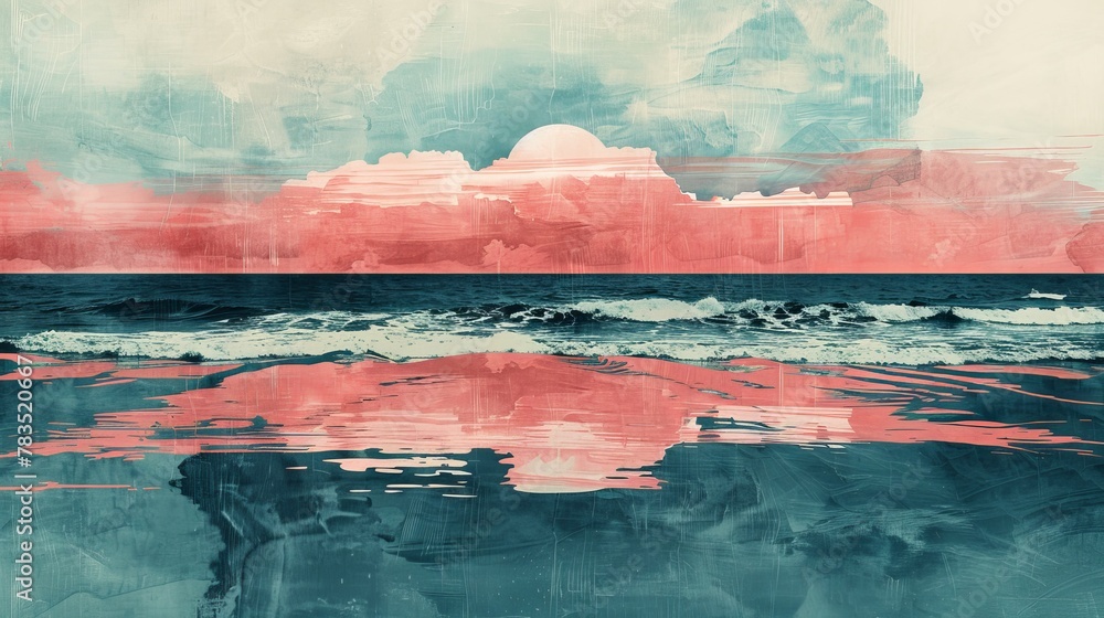 An exotic blend of Mercury-inspired hues in Pale Green and Bubblegum Pink, with a minimalist abstract pattern. Reflecting on a serene ocean moment, a win in negative space.
