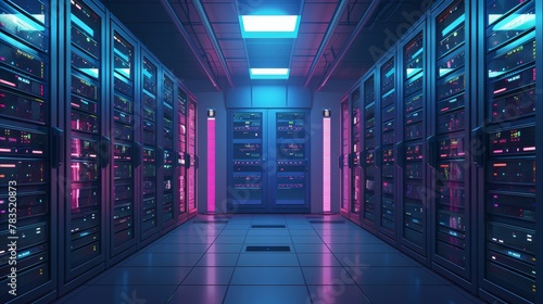 Business Network: A 3D vector illustration of a network server room in a business setting