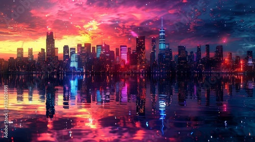 City Skyline: A 3D vector illustration of a city skyline at night