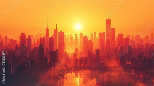 City Skyline: A 3D vector illustration of a city skyline during a sunrise