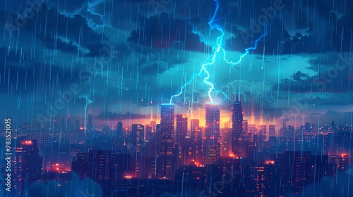 City Skyline Network: A 3D vector illustration of a city skyline during a thunderstorm