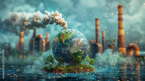 Climate Change: A 3D vector illustration of a globe with industrial smokestacks emitting pollution photo