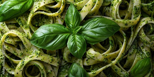 Pesto pasta, basil garnish, close view, green hues, natural light, detailed freshness