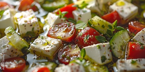 Greek salad, feta cheese cubes, close shot, rich colors, olive oil sheen, bright light 
