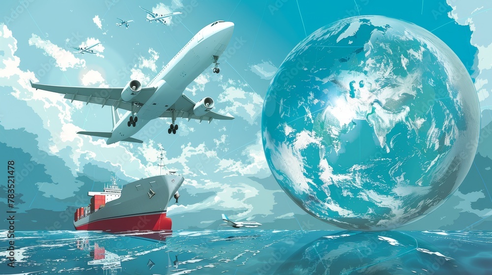 Naklejka premium Global Business: A 3D vector illustration of a cargo ship and airplanes transporting goods around the world