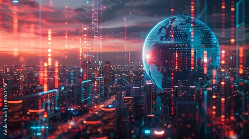 Global Business: A 3D vector illustration of a futuristic cityscape with skyscrapers photo