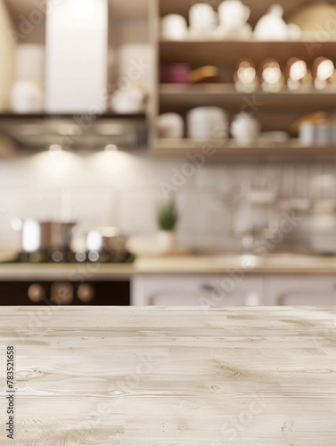Kitchen backdrop, product shot, wooden table top in foreground with blurred kitchen items in background, vertical