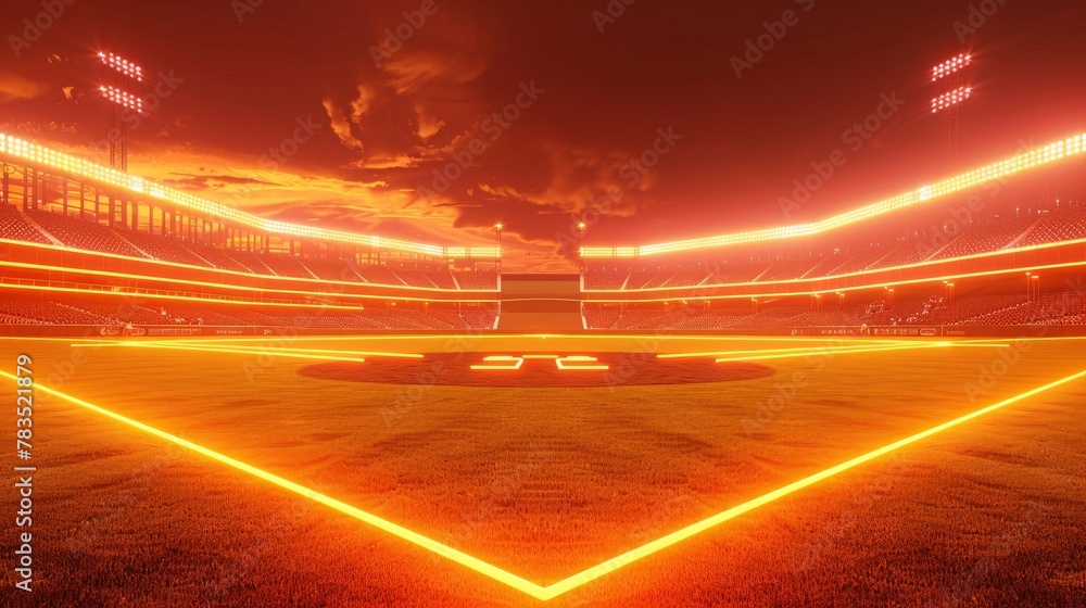 Glowing Neon Baseball: A 3D vector illustration of a baseball field illuminated by neon orange and yellow