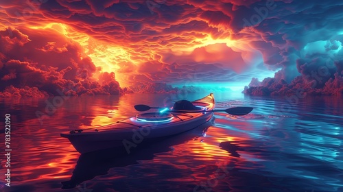 Glowing Neon Kayaking: A 3D vector illustration of a kayak floating on a glowing neon ocean