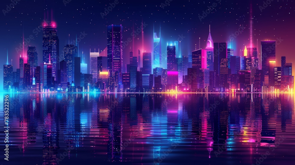 Glowing Neon Surfing: A 3D vector illustration of a futuristic cityscape at night Glowing Neon Surfing: A 3D vector illustration of a futuristic cityscape at night