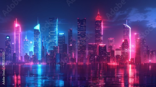 Glowing Neon Surfing: A 3D vector illustration of a city skyline at night