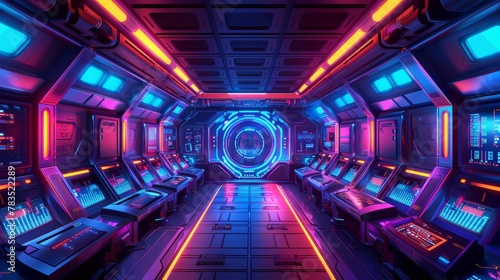 Glowing Neon Surfing: A 3D vector illustration of a futuristic spaceship interior photo