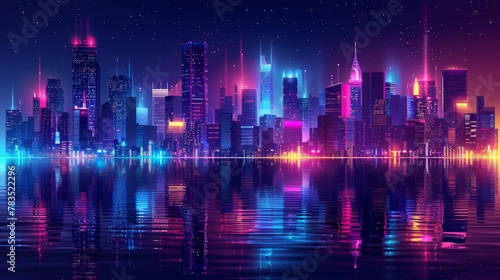 Glowing Neon Surfing  A 3D vector illustration of a futuristic cityscape at night