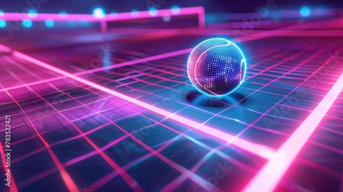 Glowing neon tennis field: A 3D vector illustration of a tennis court with a glowing neon tennis ball and racket