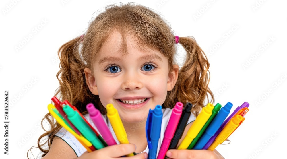 Girl with colorful pens isolated on a white background Girl with colorful pens isolated on a white background