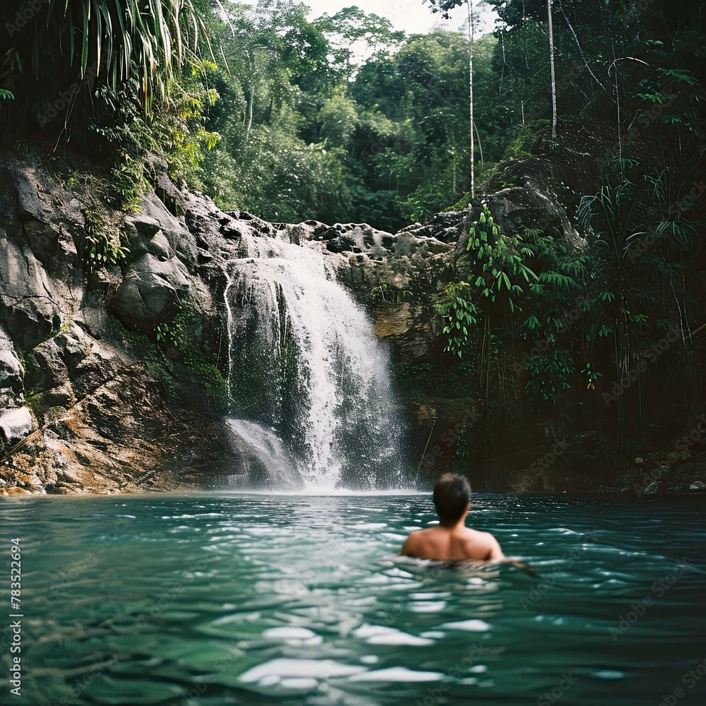 a man swims at a tropical waterfall in sunny weather a man swims at a tropical waterfall in sunny weather