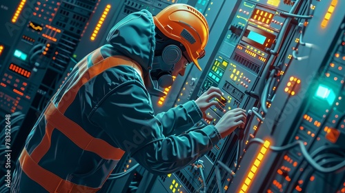 Internet Infrastructure  A 3D vector illustration of a technician installing a network switch in a data center