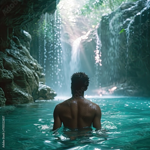 a man swims at a tropical waterfall in sunny weather