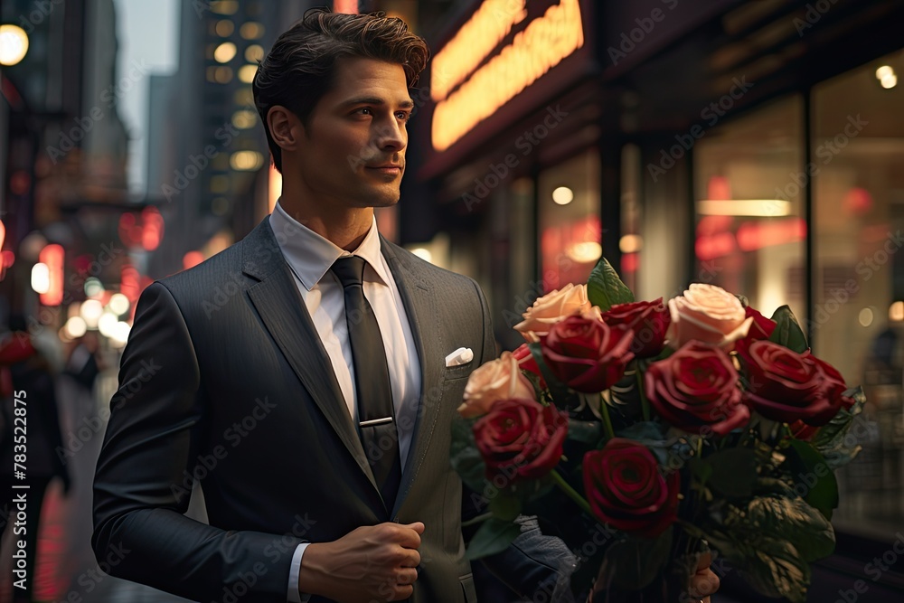 man in a business suit with a bouquet of flowers in the street, holiday, March eighth, wedding.