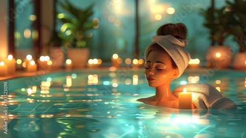 Spa Relaxation  A 3D vector illustration of a serene spa environment  with a girl wearing a towel on her face