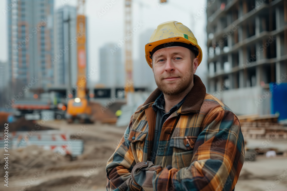 Male builder in a hard hat at a construction site Male builder in a hard hat at a construction site