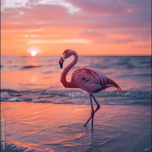 Flamingos at a beautiful sunset by the sea