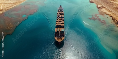 Top down of a cargo container vessel moving through the red sea, canal loaded with shipping containers