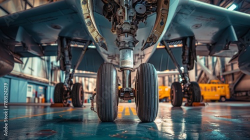 Intimate details of an airplane s landing gear  captured in the mechanical sanctuary of a hangar