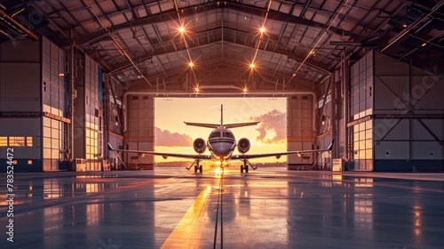 Dawn breaks as an aircraft stands ready outside the bright gateway of an industrial hangar photo