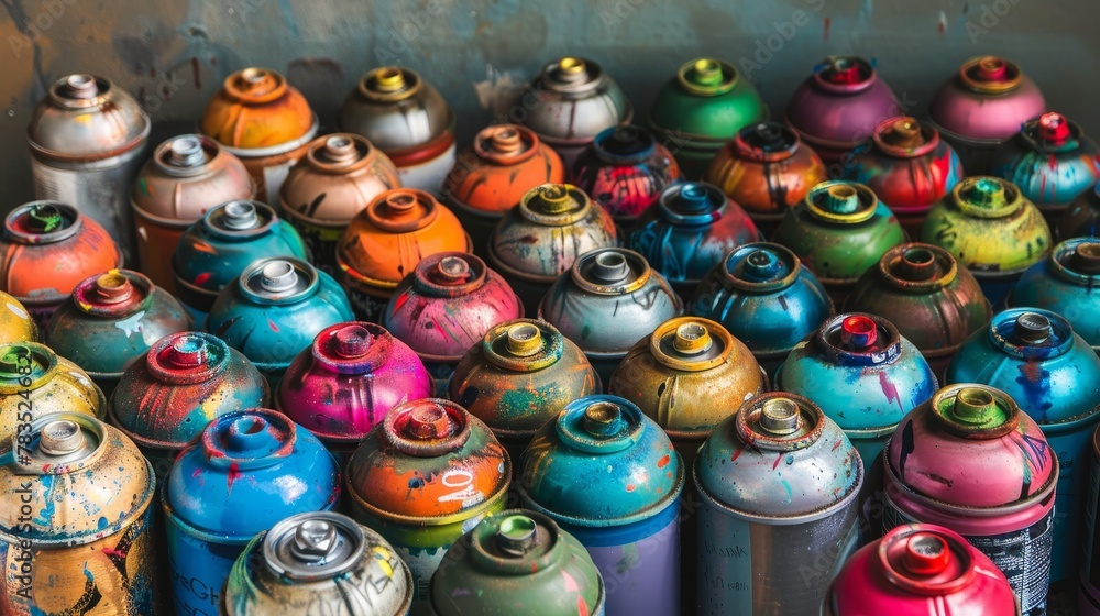 A multicolored scene of discarded spray paint cans, each telling its own vivid story