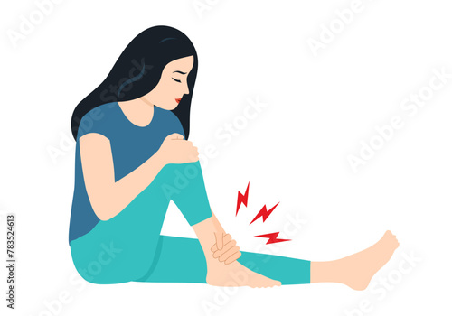Woman has leg pain in flat design. Muscle or bone problem.