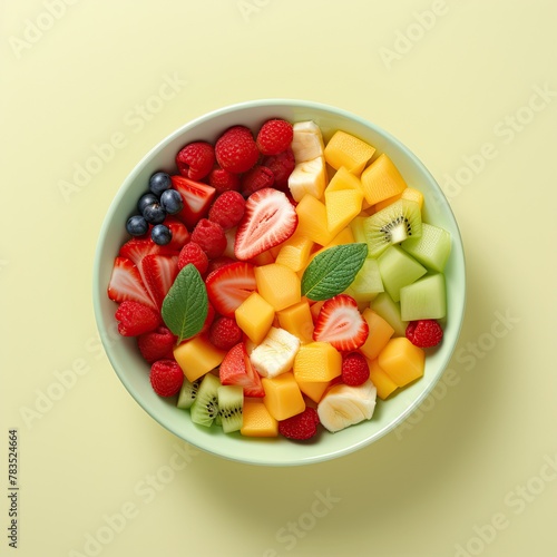 A bowl with a healthy fresh fruit salad. View from above. for the menu.