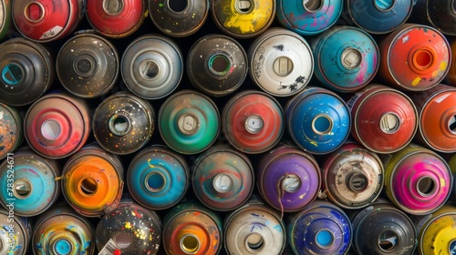 A vibrant array of used spray paint cans, colors scattered in artistic chaos