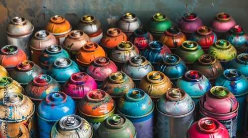 A multicolored scene of discarded spray paint cans, each telling its own vivid story © Paul