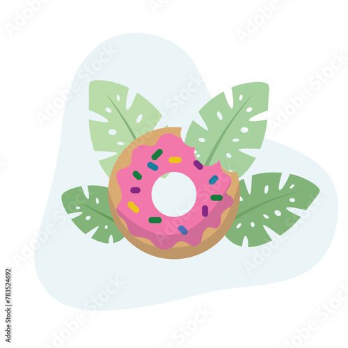 Doughnut flat vector Illustration Icon decorated with leaves for web use for dessert, bakery, pastry, delicious 