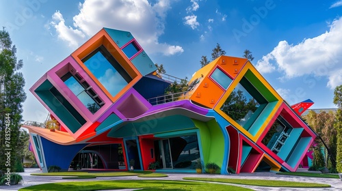 An exhibition of engineering marvels with a whimsically colorful building flipped on its roof photo