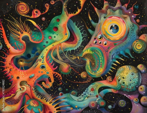 detailed vibrant color lithographic drawing, flowing, organic alien sea creatures