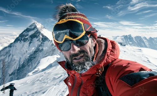 Self photograph of an explorer on the top mountain with Mount Everest in the background, wearing ski goggles and a red jacket