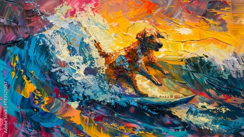 Summerthemed abstract of a surfing dog, palette knife oil painting, vibrant and colorful, against a richly colored background with dynamic lighting