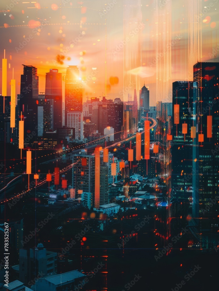 Double exposure of business chart and cityscape background. Investment and trading concept. Trading market and economic concept, AI Generated hyper realistic Double exposure of business chart and cityscape background. Investment and trading concept. Trading market and economic concept, AI Generated hyper realistic