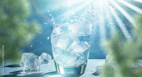 さわやかな太陽の日差しが差し込む透明な氷が入ったグラスの炭酸水からキラキラとはじけるしぶきと氷のかけら 夏・水・飲料水・ソーダ 