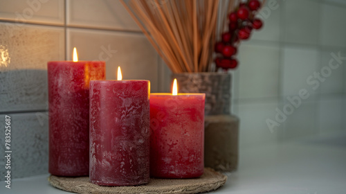 Three red colored candles on white tiles background