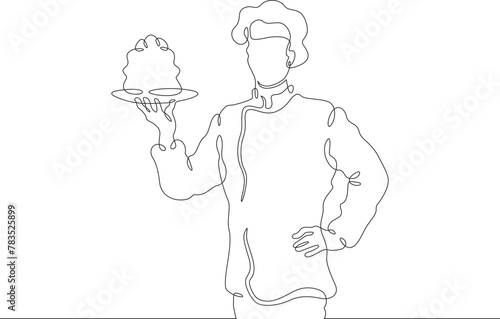 Confectioner chef with cake. Cook with cake on a platter. The pastry chef carries the pie. One continuous line . Line art. Minimal single line.White background. One line drawing.