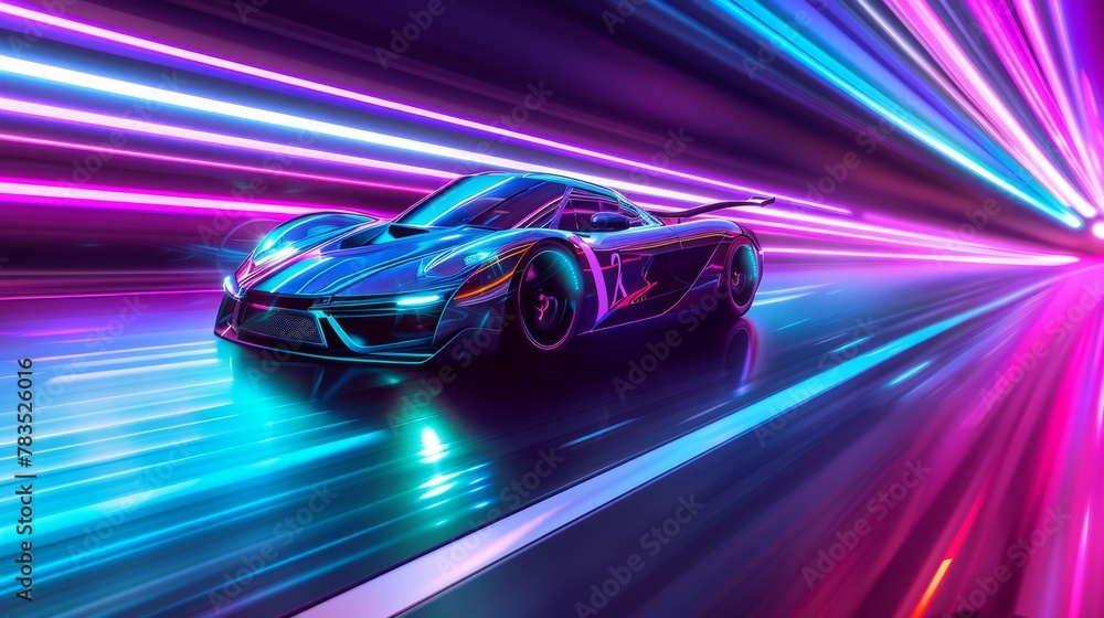 Futuristic Sports Car On Neon Highway. Powerful acceleration of a supercar with colorful lights trails. generative AI. hyper realistic 